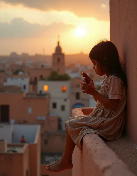 Cette photo capture une scène merveilleuse, avec des détails plus que merveilleux. Une fille assise sur le mur du toit de la maison en train de manger un morceau de viande, avec un regard sérieux, et derrière elle se trouvent les maisons de la ville maroca...