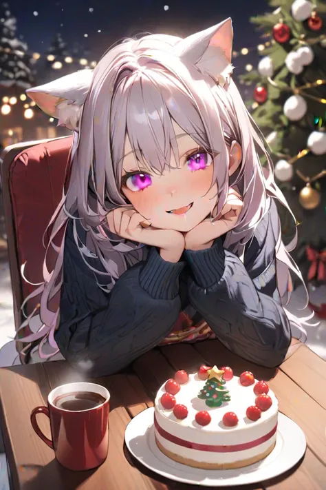 A cute , masterpiece, best quality, silver long hair,pink eyes,cat ears,cat GIRL,sweater,snow,happy, sitting on the chair, front of her table, Xmas cake, hot drink,Xmas tree,髪で耳が隠れてる