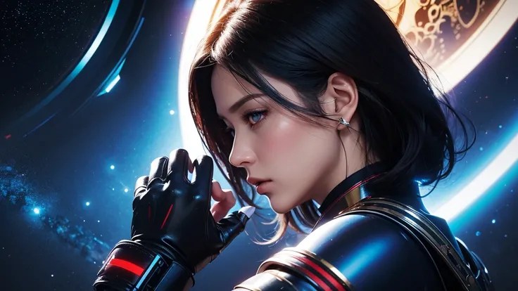 Best Quality, acrylic illustration art, Beautiful space Woman,Suspicious expression face, black straight hair, looking in side view at Viewer, plastic shiny glossy unfolded red gold armor, glossy gloves, adjusting a militar belt with hands, dramatic blue l...