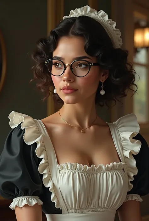 A Columbian woman that is curvy with very curly hair freckles and glasses in her thirties is quite pretty and is in a maid outfit 1800