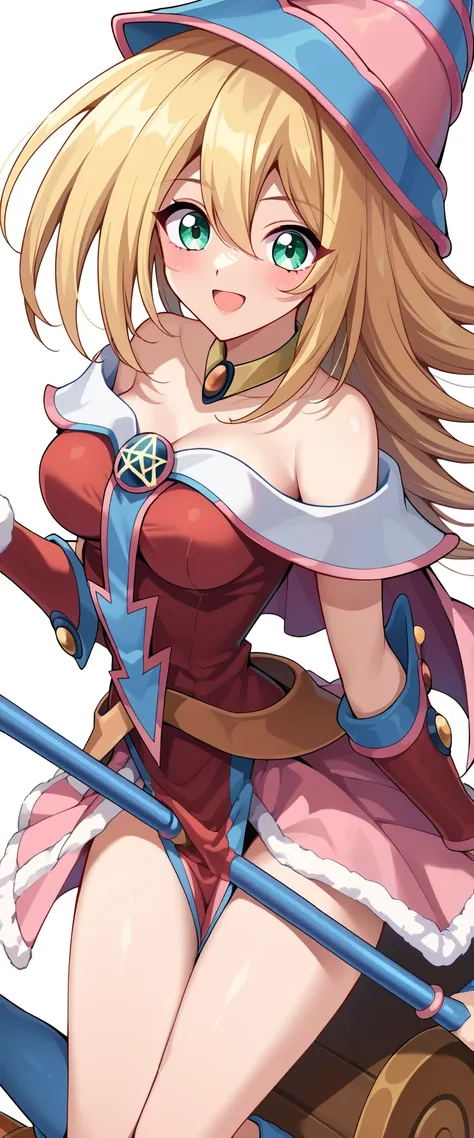 (UHD, best quality, high resolution icon), 1 girl 23 years old.  dark magician girls. long, blonde, fluffy hair pulling a sleigh, bushy eyebrows, smile, Santa Claus clothes with a miniskirt, a staff in his hands, ソリを引いている. Toma cuerpo completo. Ella está d...