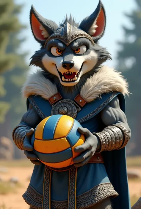 an animated image of a half-ferocious wolf ,  holding a volleyball and wearing blue Viking clothing