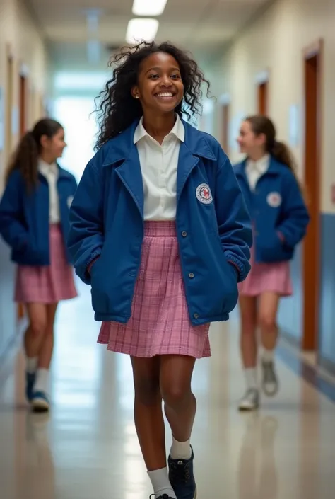 Black teen girl wearing a blue school jacket and a checked pink school skirt passing through the school hallway being laughed at by white girls wearing blue school jackets and checked pink school skirts 