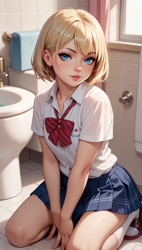 Young half-naked schoolgirl kneeling in the bathroom blonde blue eyes
