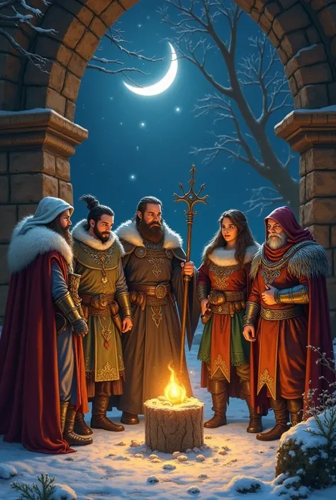  Draw a picture of a DnD adventure group celebrating Yule in Baldurs Gate.  The group consists of a human warrior , An elf bard ,  a dwarf priestess ,  a half dragon warlock ,  a half angel mage ,  a half giant paladin and a half giant ranger 