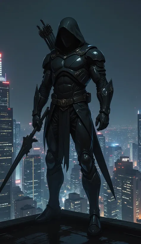 A full-body image of a muscular adult male.black leather full-body image 、and hood, a hooded person in invisible armor . wears leather armor, Tights.epic ninja suit, rogue.Leather fit to cover the whole body. smooth leather .Boy Teenage Assassin , stealth ...