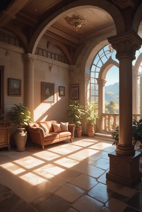 background illustration top view of a rustic room with stone floor, natural light coming from the right of the image, image seen from above, as if the camera were on the ceiling, image from the floor