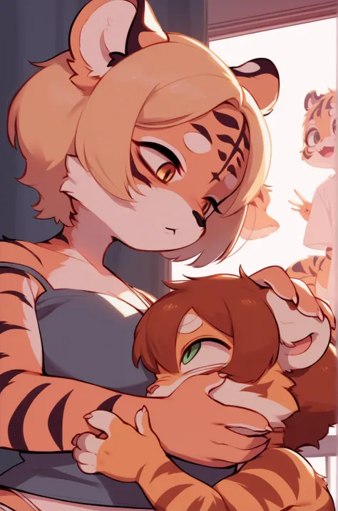 Shimajiro, the striped tiger, Shimajiro and his mother , artistic , (heart is beating fast:0.5), Twisted Maternal love , I want to hug you , (creepy:0.5) , Dimly lit room , euphoria , ooze , underwear , touch crotch , throat , bold action