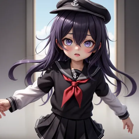 (masterpiece, best quality:1.2),illustration,8k,hd,1girl,solo,upper body,(portrait:1.2),long_hair,white serafuku,purple_eyes,anchor_symbol,flat_cap,purple_hair,black_hair,hair_between_eyes,black_headwear,black_skirt,long_sleeves,pleated_skirt,red_neckerchi...