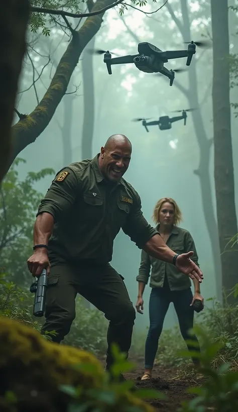 Dwayne Johnson (The Rock): A former military man named Jack Steele.
Margot Robbie: Dr. Evelyn Hart.

"A live-action shot of Jack Steele and Dr. Evelyn Hart facing off against a group of mercenaries in a dense forest setting. Jack is fighting two mercenarie...