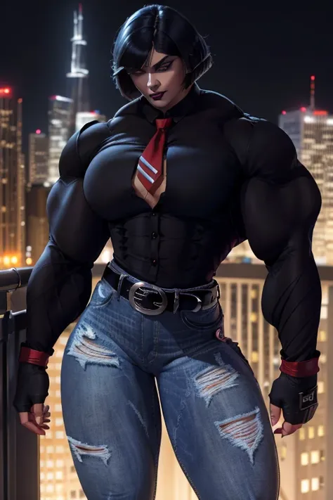 ((Close-up)), tall, (black hair), beautiful muscular woman, angled Bob cut, white skinned, (black lipstick), smirking, (massive muscles), (hyper muscle), ((ginormous bulky muscles)), crimson eyes, (((((long sleeve collared shirt))))), ((((skinny jeans and ...