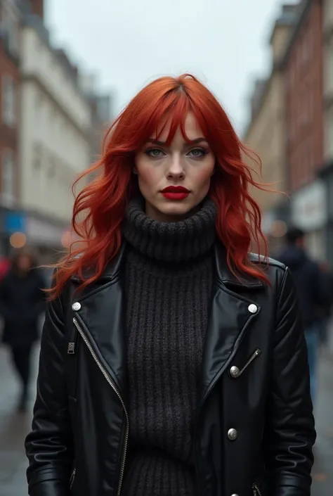 A womans crimson hair, deep red lipstick, a sweater and a black quilted jacket.,  she is on the street in London England cloudy winter weather