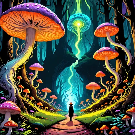 A mind-bending, surreal, and hyper-realistic psychedelic scene in a 1:1 aspect ratio, designed to evoke fear and awe. The center features a twisted, glowing path surrounded by oversized, warped, glowing mushrooms with neon colors like purples, reds, greens...