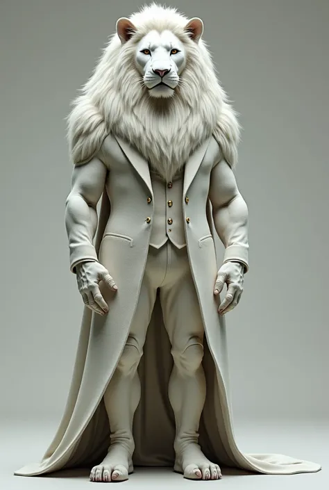 A white lion face man wear a pent coat and stand like a man 