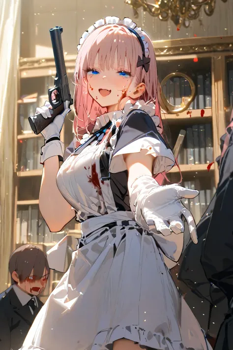 weapon, gun, maid, holding_weapon, holding, pink_hair, holding_gun, 1girl, maid_headdress, blood, white_gloves, apron, gloves, blue_eyes, blood_on_clothes, long_hair, dress, blush, handgun, maid_apron, black_dress, long_sleeves, open_mouth, looking_at_view...