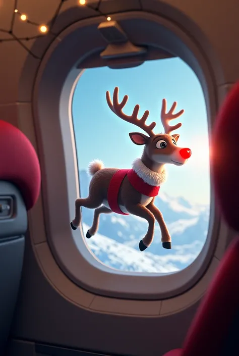 Create an image of the inside of the plane with a window view and on the outside a Santa Claus reindeer with a red nose