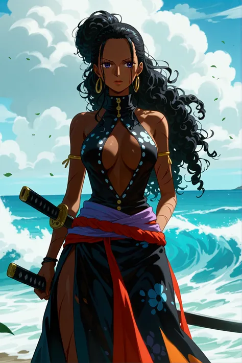  Black Woman,  dark skin,  long and voluminous curly hair , long skirt with cuts on the sides ,  turtleneck ,  holding a katana , ocean in the background,  anime-style animation one piece