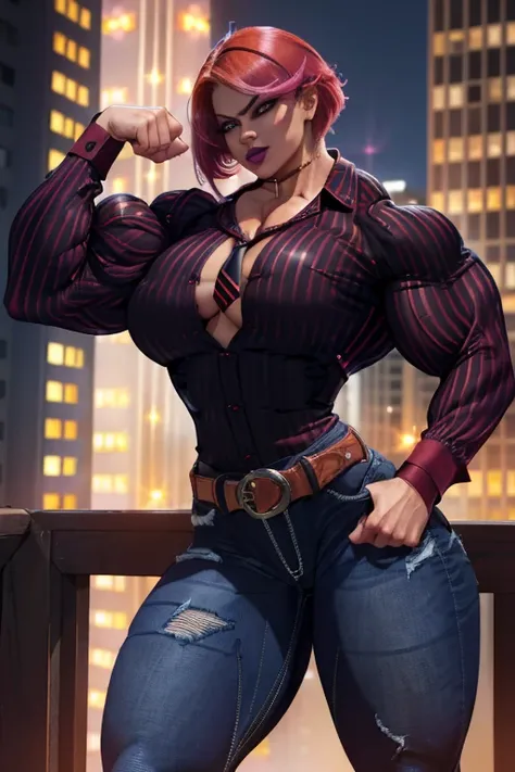 ((Close-up)), tall, (shocking pink hair), beautiful muscular woman, angled bob hair, brown skinned, (black lipstick), smirking, (massive muscles), (hyper muscle), ((ginormous bulky muscles)), red eyes, (((((long sleeve collared shirt))))), ((((skinny jeans...