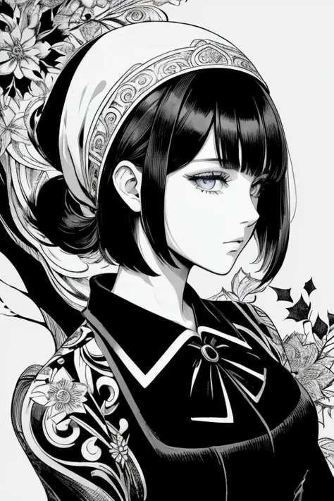 Beardsley style,ink art, pen and ink, (Best Quality,masutepiece:1.2),(black and white comic core:1.1),(extreme high contrast),Dark ink, 1 beautiful girl, side view, school_uniform, bob_cut_hair, bangs, Very_beautiful_face, very_beautiful_eyes, even_eyes, c...