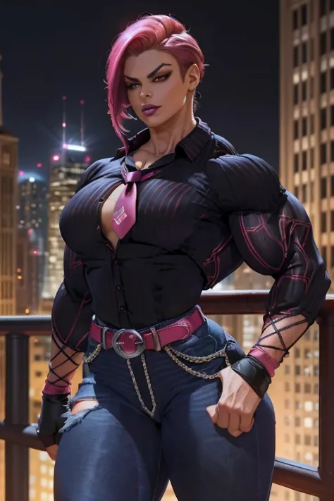 ((Close-up)), tall, (shocking pink hair), beautiful muscular woman, angled bob hair, brown skinned, (black lipstick), smirking, (massive muscles), (hyper muscle), ((ginormous bulky muscles)), red eyes, (((((long sleeve collared shirt))))), ((((skinny jeans...