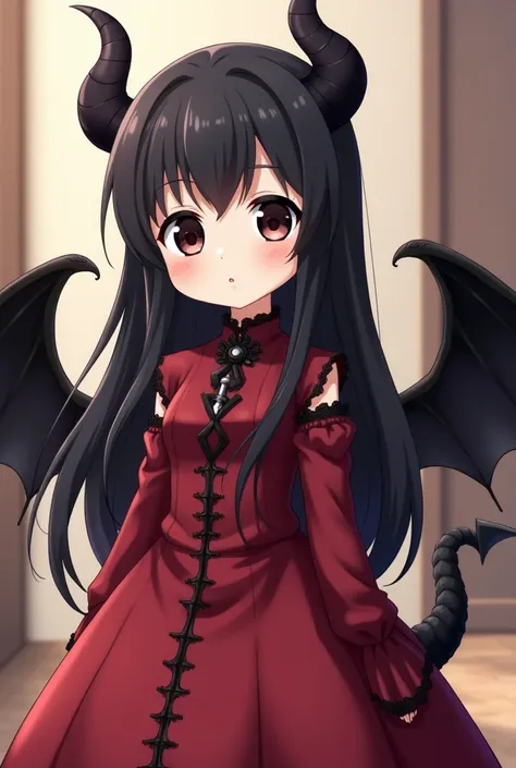 a small girl with long black hair, with some white streaks, she has two black horns, two black dragon wings and a black dragon tail, she is wearing a royal red dress, she has big eyes, with black irises, with white pupils, she is an anime girl
