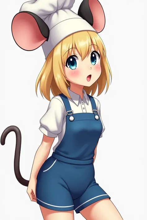 chica estilo anime, as a profile picture . She is white with almost white blond hair ,  blue eyes,  white skin ,  chefs hat with little mouse ears style Remi de Ratatouille,  with short blue clothes as if she were the character of Ratatouille .