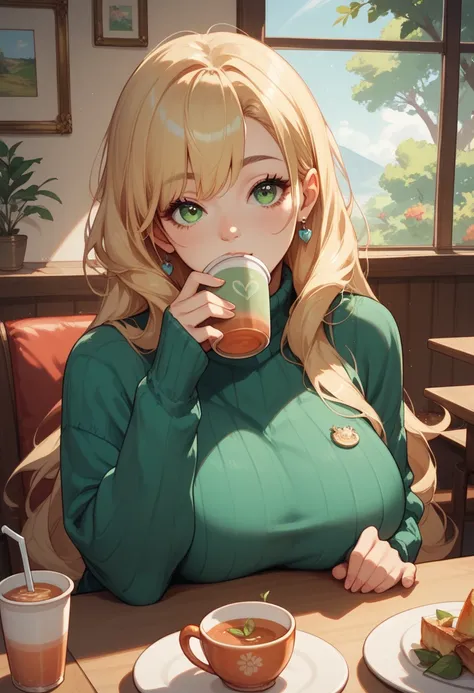 Anime girl cute blonde long hair green eyes big breasts in a sweater sits at a table drinking tea