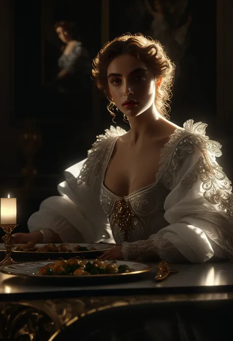 1 angel, (fine detailed angel, beautiful detailed face, extremely detailed eyes and face, longeyelashes), angel having dinner, elegant dining table, luxurious room interior, chiaroscuro lighting, Caravaggio style, dramatic lighting, cinematic composition, ...