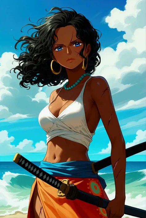 young black woman,  dark skin,  long and voluminous curly hair, long skirt with cuts on the sides ,  turtleneck ,  holding a katana , ocean in the background,  anime-style animation one piece