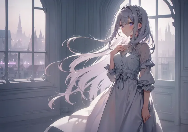 A scene of a beautiful girl wrapped in pale lavender and silver-gray hues standing in a soft mist. The air is gently swaying, as if to exude the elegant and pleasant scent of Earl Grey. A light purple breeze gently stirs her hair, and in the background is ...