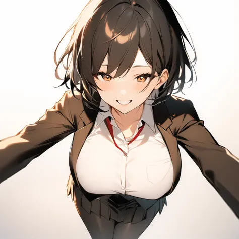 score_9, A girl, Big breasts ,to smile, black hair, short hair,fringe, Shoulder showing _shirt,skirt_Suit,pantyhose,