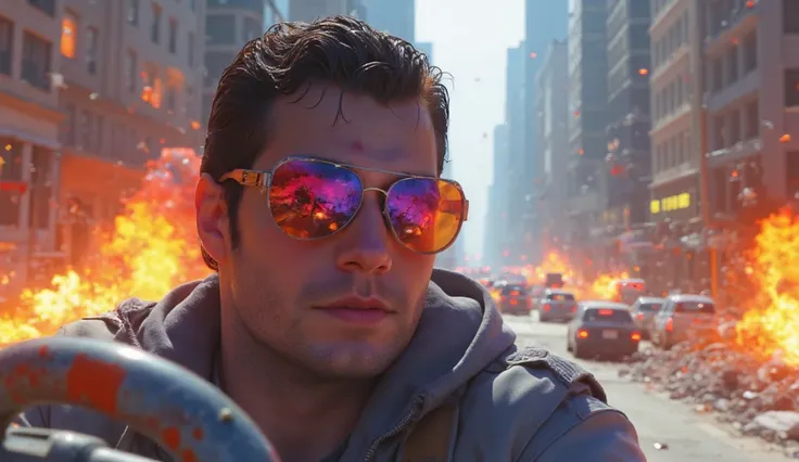 In a high-speed chase, Alok Free Fire drives through a city under attack. His sunglasses reflect the explosions as he navigates through the chaos.