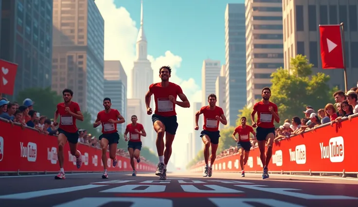 CREATE an image that represents a marathon where the YouTube logo appears and the goal is success