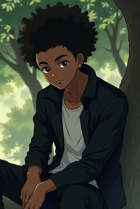 Black guy, young, attractive, brown skin, black eyes, pierced ears, big afro hair, closed hair, round, wearing a black coat with a white shirt inside it, dynamic pose, he is sitting in a tree. anime art style