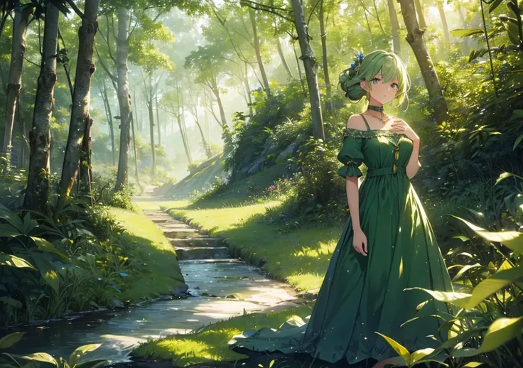 A beautiful girl with a gold and deep green hues stands in a lush landscape. A calm atmosphere that evokes the noble scent of Darjeeling. The hem of her fluffy dress flutters in the wind, and in the background are lush trees and soft sunlight