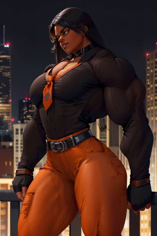 ((Close-up)), tall, (black hair), beautiful muscular woman, long hair, brown skinned, (black lipstick), smirking, (massive muscles), (hyper muscle), ((ginormous bulky muscles)), orange eyes, (((((long sleeve collared shirt))))), ((((skinny jeans and belt))...