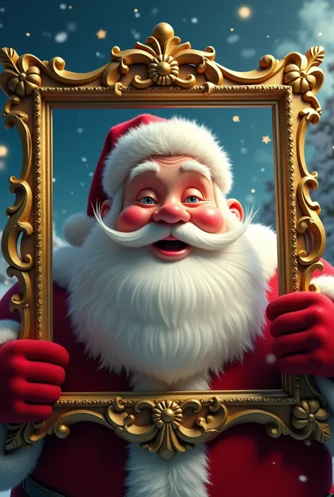 Create Santa Claus holding a giant photo frame looking over the top