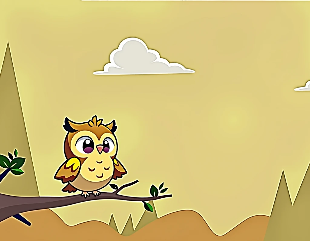 "An owl flying in mid-air, designed to exactly match the reference image in style, shape, color, and details. The owl has vibrant yellow and orange feathers, large expressive eyes, and soft rounded shapes, consistent with the original character. The backgr...