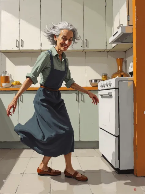 mad-mdrnmnmlsm painting of an old woman with gray hair dancing in the kitchen, minimalist, abstract, surreal oil painting, brush strokes are visible, brush_stroke, orange