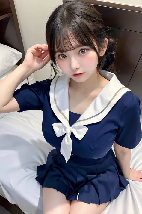 (( sailor suit 、 top quality 、masterpiece、 high res))、((( ZOOM PHOTO FROM ABOVE )))、20-year-old woman、 Beautiful skin、 beautiful eyes、 clevis on a stone, (( random cute hairstyle )), ((  full body photo )),  beautiful thighs,, Big TitsBig Breasts, ( Big Ri...