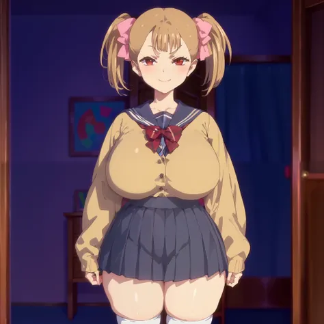 1girl, rumi, light brown hair, middle bangs, pink hair ribbons, twintails, red eyes, huge breasts, narrow waist, wide hips, thick thighs, serafuku uniform, yellow cardigan, pleated skirt, white thigh high socks, blushed, smug smile, cute, standing, looking...