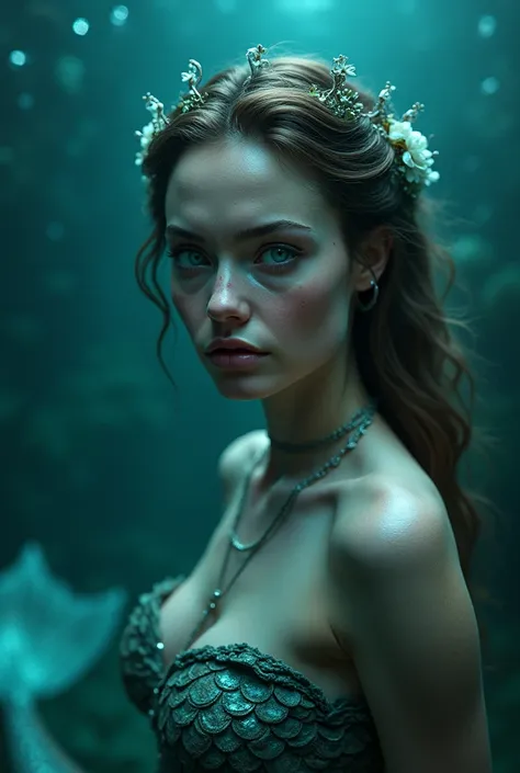 A mermaid with the prettiest evil face with blue eyes similar to those of Angelina Jolie with a pretty tail and an angelic face.