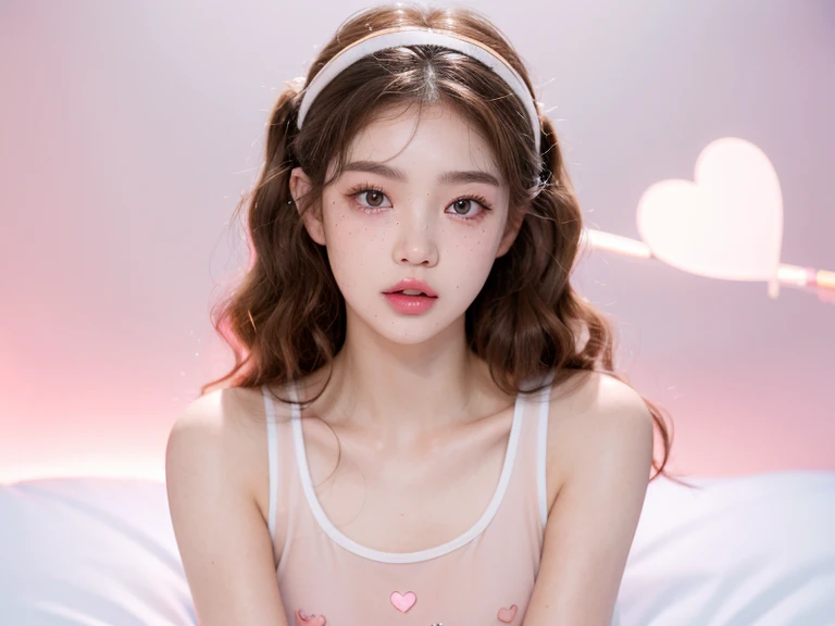 Kim Jennie with white brown hair, with curlers at the ends,with fullnude naked, look at viewer, watery nose, Pretty lips, pink lips, heart and cupid shaped lip, pretty skin, (((TRANSPARENT TANKTOP)))pale, White skin, with moles and freckles all over his fa...