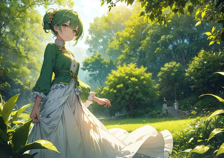 A beautiful girl with a gold and deep green hues stands in a lush landscape. A calm atmosphere that evokes the noble scent of Darjeeling. The hem of her fluffy dress flutters in the wind, and in the background are lush trees and soft sunlight