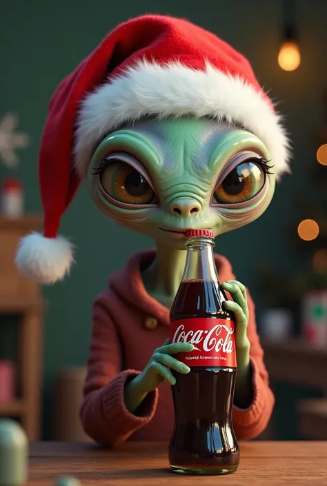 Teenage boy Alien with a Christmas hat drinking a Coca Cola