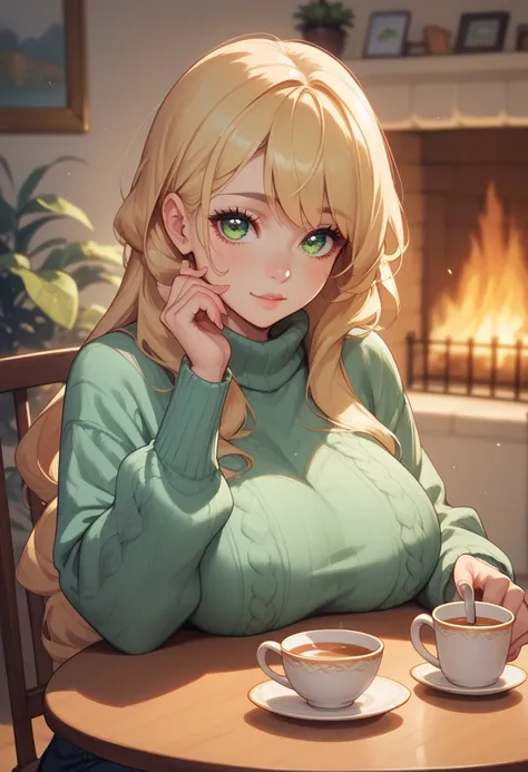 Anime girl cute blonde long hair green eyes big breasts in a sweater sits at a table holding a mug of tea dim lights fireplace in the background