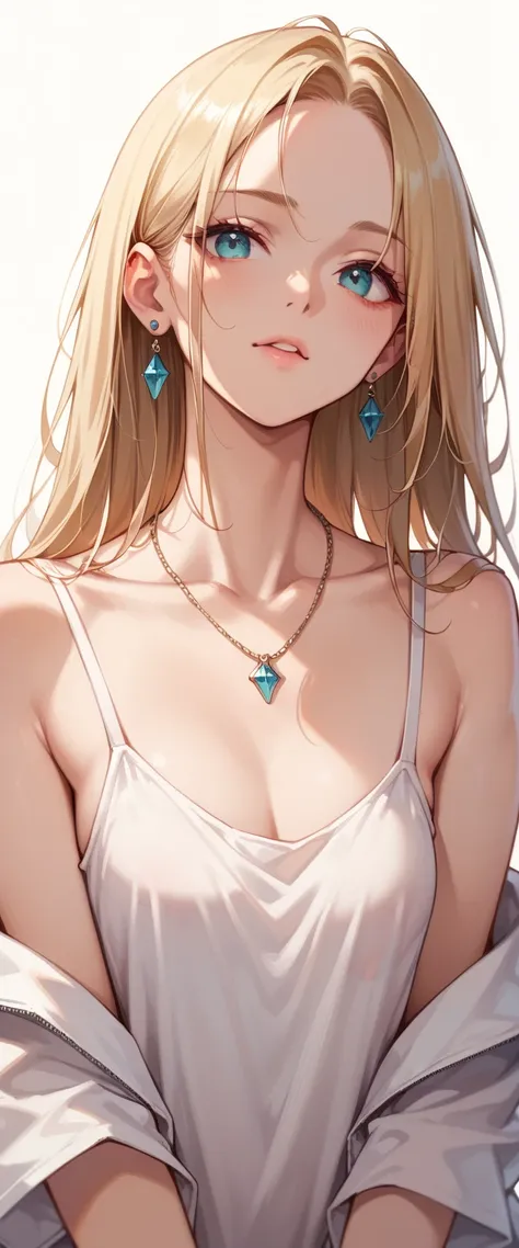 You can see a flat detail of the shoulders, A womans collarbones and neck , has a necklace, nice view. Detail shot