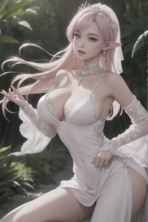 1 perfect beautiful 26 years old female,upperbody,in fantasy style,elf ears, (pink hair), long hair,with bangs, detailed hair accessories,(natural big breasts:1.3),detailed white dress with jewelry, in the forest, dim light,The dress is a vision of pure, u...