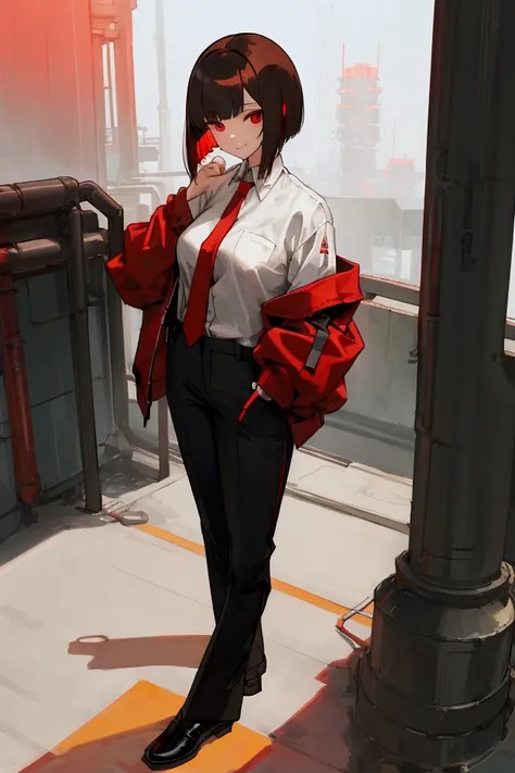 Tall Anime adult Girl in a cyberpunk background rooftop in the night with a subtle smile, red eyes, brownish japanese bob cut hair, with red jacket, white shirt and a poorly fastened red tie, black pants and black shoes with a white pattern, hands in her p...