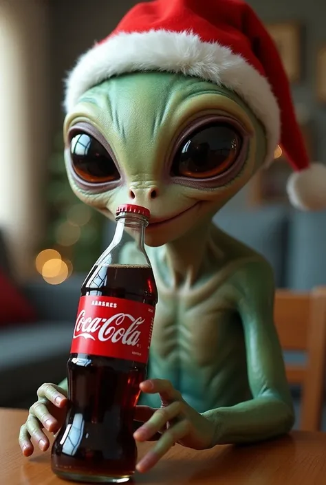 Teenage boy Alien with a Christmas hat drinking a Coca Cola